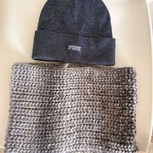 PINK Victoria's Secret Dark Blue Beanie and Light Gray Scarf Set